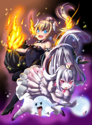 Rule 34 | 2girls, aura, black footwear, black leotard, black skirt, blue eyes, blue gemstone, blue pupils, blush, boo (mario), bowsette, bracelet, breasts, breath weapon, breathing fire, clothes lift, collar, crossed arms, dress, earrings, elbow gloves, fire, frilled legwear, frills, gem, gloves, glowing, glowing earrings, hair between eyes, high heels, horns, jewelry, kneehighs, leotard, light particles, long hair, long skirt, long tongue, luigi&#039;s mansion, mario (series), multiple girls, new super mario bros. u deluxe, nintendo, open mouth, pink eyes, pink pupils, ponytail, princess king boo, puffy short sleeves, puffy sleeves, serious, sesield, sharp teeth, short sleeves, skirt, skirt lift, small breasts, smile, socks, spiked bracelet, spiked collar, spikes, strapless, strapless leotard, super crown, teeth, tongue, tongue out, torn clothes, torn skirt, very long hair, white dress, white gloves, white legwear, wind