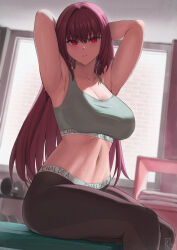 Rule 34 | 1girl, absurdres, alternate costume, armpits, arms up, black pants, breasts, dumbbell, fate/grand order, fate (series), grey sports bra, highres, indoors, kakeku, large breasts, long hair, looking at viewer, pants, parted lips, purple hair, red eyes, scathach (fate), sitting, solo, sports bra, sportswear, very long hair, yoga pants
