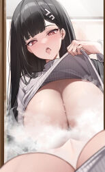 Rule 34 | 1girl, absurdres, black hair, blue archive, breasts, censored, censored nipples, clothes lift, convenient censoring, highres, large breasts, mirror, pov, red eyes, reflection, ringed eyes, rio (blue archive), saliva, samart, shirt lift, steam, steam censor, sweat