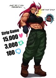 Rule 34 | 1girl, abs, absurdres, ali (sotcho), baggy pants, belt, belt pouch, biceps, black horns, breasts, brown belt, brown footwear, crop top, dragon girl, earrings, english text, gloves, green pants, highres, horns, jewelry, large breasts, looking at viewer, meme, muscular, muscular female, open mouth, original, pants, pointy ears, pouch, red hair, red rope, rope, slit pupils, sotcho, tall female, thick arms, thick eyebrows, tongue, tongue out, twitter strip game (meme), yellow eyes, ziyu (sotcho)