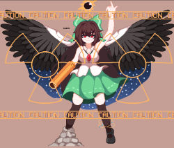 Rule 34 | 1girl, arm cannon, asymmetrical footwear, atom, bird wings, black sun, black wings, blush, bow, breasts, brown background, brown hair, cape, caution, cleavage, closed mouth, collared shirt, commentary request, control rod, full body, green bow, green skirt, hair between eyes, hair bow, kaaaarin, kneehighs, large breasts, long hair, looking at viewer, mismatched footwear, pixel art, pointing, pointing up, radiation symbol, red eyes, reiuji utsuho, shirt, sign, simple background, skirt, sleeveless, sleeveless shirt, smile, socks, starry sky print, subterranean animism, sun, third eye, touhou, weapon, white cape, white shirt, wings