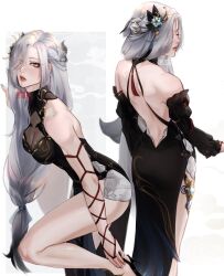 Rule 34 | 1girl, absurdres, artist name, back, bare shoulders, black dress, black footwear, black sleeves, blue nails, braid, breasts, cleavage, closed eyes, closed mouth, commentary, detached sleeves, dress, english commentary, genshin impact, grey eyes, grey hair, hair ornament, hair over one eye, high heels, highres, large breasts, lart art1, lips, lipstick, long hair, looking at viewer, low-tied long hair, makeup, multiple views, nail polish, official alternate costume, parted lips, red lips, see-through, see-through cleavage, shenhe (frostflower dew) (genshin impact), shenhe (genshin impact), side slit, single sidelock, sleeveless, sleeveless dress, standing, tassel, teeth, very long hair, watermark