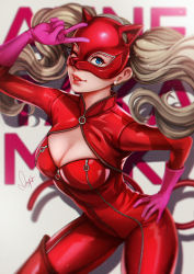 Rule 34 | 10s, 1girl, blonde hair, blue eyes, bodysuit, breasts, character name, cleavage, cleavage cutout, clothing cutout, earrings, gloves, hand on own hip, jewelry, latex, leaning forward, lips, long hair, looking at viewer, magion02, mask, medium breasts, one eye closed, parted lips, persona, persona 5, red bodysuit, shadow, signature, smile, solo, stud earrings, takamaki anne, v, white background