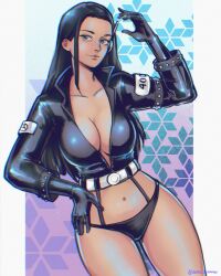 Rule 34 | 1girl, arm up, black gloves, black hair, black jacket, black panties, blue eyes, blue theme, breasts, chromatic aberration, cleavage, collared jacket, commentary, cowboy shot, cropped jacket, curvy, english commentary, gloves, gradient background, hand on own hip, headphones, hercridamai, highres, jacket, large breasts, leather, leather jacket, light smile, long hair, nico robin, nico robin (egghead), one piece, panties, plunging neckline, procreate (medium), revealing clothes, shiny skin, sidelocks, snowflakes, solo, thighhighs, thong, twitter username, underwear