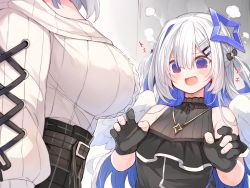 Rule 34 | 2girls, @ @, amane kanata, amane kanata (work), bare shoulders, belt buckle, black bow, black dress, black gloves, blue hair, bow, breast envy, breasts, buckle, colored inner hair, dress, gloves, hair bow, hair ornament, hairclip, head out of frame, hololive, jewelry, large breasts, long hair, mou tama maru, multicolored hair, multiple girls, necklace, open mouth, partially fingerless gloves, purple eyes, shirogane noel, shirogane noel (casual), shirt, silver hair, two-tone hair, two side up, upper body, very long hair, virtual youtuber, white shirt