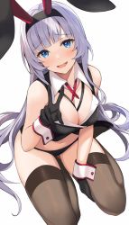 Rule 34 | 1girl, animal ears, bare arms, bare shoulders, between legs, black footwear, black gloves, black panties, black shirt, blue eyes, breasts, brown thighhighs, cleavage, crop top, fake animal ears, fang, gloves, gluteal fold, hairband, highres, large breasts, light purple hair, long hair, looking at viewer, navel, no pants, open mouth, original, panties, rabbit ears, shirt, simple background, sitting, sleeveless, sleeveless shirt, smile, solo, stomach, sukebewe, thighhighs, thighs, underwear, v, very long hair, white background, wing collar, wrist cuffs