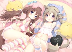 Rule 34 | 2girls, :d, :o, animal ears, animal hat, animal hood, arm up, armpits, ass, azur lane, bare shoulders, bed sheet, bloomers, blue bow, blue eyes, blush, bow, brown hair, camisole, candy hair ornament, child, commentary request, copyright name, crescent, crescent hair ornament, crop top, dog ears, dog girl, dog hood, dog tail, fake animal ears, fang, food-themed hair ornament, fumizuki (azur lane), fumizuki (sleepy fairy) (azur lane), hair between eyes, hair ornament, hair ribbon, hairclip, hand to own mouth, hat, heart, holding hands, hood, hood up, hooded jacket, jacket, knee up, kneehighs, long hair, long sleeves, low twintails, lying, midriff, multiple girls, nagatsuki (azur lane), navel, on back, on side, open clothes, open jacket, open mouth, open shirt, parted lips, pillow, pink headwear, ponytail, purple eyes, ribbon, shiratama (shiratamaco), shirt, short shorts, shorts, side ponytail, sleepwear, sleeves past wrists, smile, socks, striped clothes, striped jacket, striped legwear, striped shirt, striped socks, tail, twintails, underwear, very long hair, white bloomers, white camisole, white ribbon, white shorts