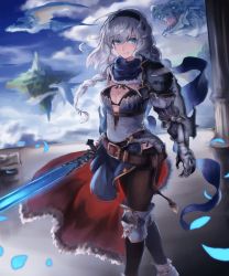 Rule 34 | 1girl, armor, bad id, bad pixiv id, belt, black bra, blue eyes, blue sky, bra, breasts, cleavage, cloud, cloudy sky, commentary request, day, dragon, fantasy, feet out of frame, floating island, gauntlets, hair between eyes, hairband, highres, holding, holding sword, holding weapon, long hair, looking at viewer, medium breasts, na (oagenosuke), original, outdoors, pantyhose, parted lips, pelvic curtain, petals, scarf, silver hair, sky, smile, solo, standing, sword, underwear, waist cape, walking, weapon