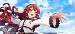 1girl ahoge artist_request black_hairband breasts clothing_cutout cloud copyright_notice eris_greyrat hairband highres holding holding_snowball long_hair long_sleeves mushoku_tensei mushoku_tensei:_game_ni_nattemo_honki_dasu official_art red_eyes red_hair red_skirt shirt shoulder_cutout skirt sky small_breasts snowball snowing solo white_shirt