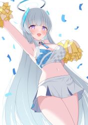 Rule 34 | 1girl, absurdres, alternate costume, arm up, blue archive, blunt bangs, blush, breasts, cheerleader, cleavage, commentary request, cowboy shot, cropped shirt, detached collar, grey hair, halo, highres, large breasts, long hair, looking at viewer, miniskirt, navel, noa (blue archive), open mouth, pom pom (cheerleading), purple eyes, simple background, skirt, smile, solo, standing, very long hair, white background, white skirt, yumemin (yumemi5140)