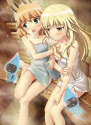 Rule 34 | 2girls, amelie planchard, animal ears, barefoot, blonde hair, blush, brown hair, face, green eyes, hi-ho-, long hair, multiple girls, open mouth, perrine h. clostermann, rabbit girl, sauna, scared, sitting, strike witches, strike witches: katayoku no majo-tachi, tonttu, towel, world witches series, yellow eyes