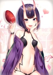Rule 34 | 1girl, alcohol, cup, eyebrows, fangs, fate/grand order, fate (series), hand on own cheek, hand on own face, heart, highres, horns, japanese clothes, kimono, navel, ntk (7t5), oni, open mouth, purple eyes, purple hair, sakazuki, sake, shuten douji (fate), shuten douji (first ascension) (fate), solo