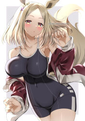 Rule 34 | 1girl, absurdres, animal ears, armpits, blonde hair, blush, bouncing breasts, breasts, collarbone, commentary request, covered navel, ear covers, ear ornament, hair ornament, highres, horse ears, horse girl, horse tail, jacket, large breasts, looking at viewer, medium hair, narita top road (umamusume), open mouth, school swimsuit, simple background, single ear cover, solo, swimsuit, tail, tracen swimsuit, track jacket, twitter username, umamusume, white background, yamano rokamizu