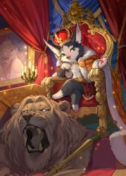 Rule 34 | 1other, absurdres, animal ears, animal hands, belt, candelabra, candle, candlestand, cape, cat ears, chair, colored sclera, crossed legs, crown, crystal, drawing (object), dutch angle, fangs, fire, full body, fur-trimmed cape, fur trim, furry, furry male, green eyes, hands up, happy, highres, holding, huge filesize, indoors, lion, looking at viewer, open mouth, orange cape, original, pelt, picture frame, rug, sitting, smile, solo, staff, tapioka chaso, teeth, throne, yellow sclera