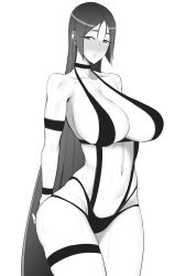 Rule 34 | 1girl, anegawa eiji, arms behind back, black one-piece swimsuit, blush, breasts, curvy, fate/grand order, fate (series), greyscale, highres, huge breasts, impossible clothes, long hair, looking at viewer, minamoto no raikou (fate), monochrome, navel, one-piece swimsuit, parted bangs, simple background, slingshot swimsuit, solo, standing, swimsuit, very long hair