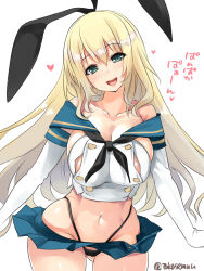 Rule 34 | 1girl, adapted costume, atago (kancolle), black hairband, black neckerchief, black panties, blonde hair, blue sailor collar, blue skirt, breasts, commentary request, cowboy shot, crop top, elbow gloves, gloves, gluteal fold, green eyes, hairband, highleg, highleg panties, highres, kantai collection, large breasts, long hair, looking at viewer, microskirt, miniskirt, neckerchief, pan-pa-ka-paaan!, panties, pleated skirt, sailor collar, shimakaze (kancolle), simple background, skirt, smile, solo, standing, takase muh, thighhighs, twitter username, underwear, white background, white gloves