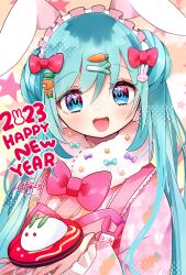 Rule 34 | 1girl, 2023, animal ears, blue eyes, blue hair, blush, bow, carrot hair ornament, carrot print, chinese zodiac, double bun, fake animal ears, food, food-themed hair ornament, food print, frilled sleeves, frills, fur collar, hair bow, hair bun, hair ornament, happy new year, hatsune miku, highres, holding, japanese clothes, kimono, koyubisennti, long hair, long sleeves, looking at viewer, maid headdress, name tag, new year, open mouth, power symbol-shaped pupils, rabbit ears, rabbit hair ornament, smile, solo, spring onion hair ornament, star (symbol), symbol-shaped pupils, translation request, twintails, very long hair, vocaloid, wagashi, year of the rabbit