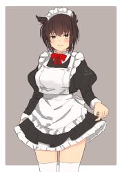 Rule 34 | 1girl, alternate costume, apron, blush, border, bow, brown eyes, brown hair, closed mouth, clothes lift, dated, dress, dress lift, enmaided, frilled apron, frills, grey background, hair horns, hatsuzuki (kancolle), highres, kantai collection, long sleeves, looking at viewer, maid, maid headdress, mochizou, puffy sleeves, red bow, short hair, signature, simple background, smile, solo, thighhighs, white border, zettai ryouiki