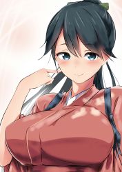 Rule 34 | 10s, 1girl, alternate breast size, bad id, bad pixiv id, black hair, blue eyes, blush, breasts, hair between eyes, highres, houshou (kancolle), japanese clothes, kantai collection, large breasts, long hair, looking at viewer, pointing, pointing at self, ponytail, simple background, smile, solo, tatusinomu