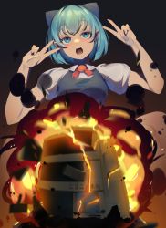 Rule 34 | 1girl, annyui (cookie), beji-kun, blue bow, blue eyes, blue hair, blush, bow, bowtie, breasts, cirno, collared shirt, commentary request, cookie (touhou), double v, explosion, fire, hair bow, highres, niconico, open mouth, puffy short sleeves, puffy sleeves, red bow, red bowtie, shirt, short hair, short sleeves, small breasts, solo, touhou, upper body, v, white shirt