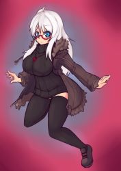 Rule 34 | 1girl, ahoge, black thighhighs, blue eyes, breasts, dress, glasses, highres, holly (sub-res), jacket, jewelry, large breasts, loafers, long hair, open clothes, open jacket, original, pendant, ribbed sweater, semi-rimless eyewear, shoes, sketch, solo, sub-res, sweater, sweater dress, thighhighs, turtleneck, under-rim eyewear, white hair, zettai ryouiki