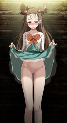 Rule 34 | 1girl, against wall, aqua dress, bare legs, bow, bowtie, brown eyes, brown hair, censored, clenched teeth, clothes lift, collarbone, creatures (company), dress, dress lift, embarrassed, frown, game freak, hair ornament, highres, humiliation, indoors, jasmine (pokemon), lifting own clothes, long hair, looking down, mosaic censoring, navel, nintendo, no panties, orange bow, orange bowtie, pokemon, pokemon hgss, presenting, presenting pussy, pussy, see-through, short dress, skirt, skirt lift, solo, standing, sweatdrop, tears, teeth, thigh gap, tsukishiro saika, two side up, very long hair, wooden wall