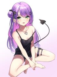 Rule 34 | 1girl, alternate costume, bare shoulders, barefoot, black bow, black shorts, black tank top, blush, bow, breasts, colored inner hair, demon tail, ear piercing, earrings, eyelashes, feet, full body, gradient background, green eyes, grey background, hair bow, hair bun, highres, hololive, jewelry, legs, looking at viewer, multicolored hair, one side up, open mouth, parted bangs, piercing, pink hair, purple background, purple hair, shadow, shorts, sidelocks, single hair bun, sitting, small breasts, soles, solo, strap slip, streaked hair, swept bangs, tail, tail ornament, tail piercing, tank top, thigh strap, thighs, toenails, toes, tokoyami towa, tsurupy, virtual youtuber