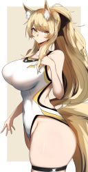 Rule 34 | 1girl, animal ears, arknights, blemishine (arknights), blonde hair, breasts, competition swimsuit, gin moku, highres, large breasts, one-piece swimsuit, swimsuit, tail, yellow eyes