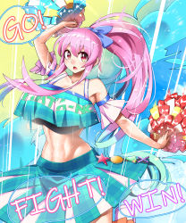 Rule 34 | 1girl, abs, alternate costume, aqua skirt, aqua tank top, blue ribbon, bow, breasts, cheerleader, chestnut mouth, circle, clothes writing, cross, detached sleeves, english text, footwear bow, hair ribbon, hata no kokoro, highres, holding, holding pom poms, large breasts, leg up, light rays, long hair, looking at viewer, midriff, multicolored background, navel, pink hair, pom pom (cheerleading), pom poms, ponytail, red eyes, ribbon, sidelocks, signature, skirt, solo, speech bubble, standing, standing on one leg, star (symbol), touhou, triangle, umigarasu (kitsune1963), white footwear
