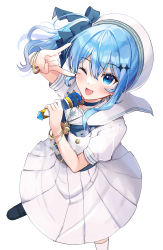 Rule 34 | 1girl, ;d, \n/, absurdres, beret, blue choker, blue eyes, blue hair, blue ribbon, blush, choker, commentary request, dress, foot out of frame, from above, hair between eyes, hair ornament, hair ribbon, hat, highres, holding, holding microphone, hololive, hoshimachi suisei, long hair, looking at viewer, microphone, one eye closed, open mouth, puffy short sleeves, puffy sleeves, ribbon, shinomiya shino (sinosino141), shoes, short sleeves, side ponytail, simple background, smile, solo, standing, star (symbol), star in eye, symbol in eye, virtual youtuber, white background, white dress, white hat