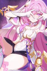 Rule 34 | 1girl, bingliovo, black shorts, breasts, elbow gloves, elf, elysia (herrscher of human:ego) (honkai impact), elysia (honkai impact), gloves, hair between eyes, hair ornament, heart, heart hands, highres, honkai (series), honkai impact 3rd, long hair, looking at viewer, pink eyes, pink hair, pink pupils, pointy ears, purple background, shirt, short shorts, shorts, signature, smile, thighs, triquetra, veil, very long hair, white gloves, white shirt