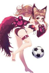 Rule 34 | 1girl, animal ears, animal hands, armpits, ass, ball, bare shoulders, bikini, breasts, brown hair, cat ears, cat girl, cat tail, claws, full body, garter straps, heart, highres, karuru (soccer spirits), no shoes, official art, reason (ficafe), red bikini, red eyes, resized, small breasts, soccer ball, soccer spirits, strapless, strapless bikini, swimsuit, tail, tongue, tongue out, transparent background, upscaled