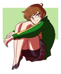 Rule 34 | 1girl, bright pupils, brown eyes, brown hair, green background, grey skirt, invisible chair, knees to chest, hugging own legs, persona, persona 4, satonaka chie, scruffyturtles, shoes, short hair, shorts, shorts under skirt, simple background, sitting, skirt, smile, source request, white background