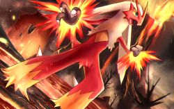 Rule 34 | bare tree, blaziken, blue eyes, body fur, claws, clenched hand, colored sclera, commentary request, creatures (company), eruption, furry, furry male, game freak, gen 3 pokemon, legs apart, lava, nintendo, open mouth, pokemon, pokemon (creature), rowdon, solo, standing, tongue, tree, volcano, yellow sclera