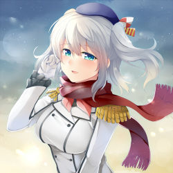 Rule 34 | 10s, 1girl, aqua eyes, ascot, beret, blush, breasts, buttons, double-breasted, epaulettes, female focus, frilled sleeves, frills, gloves, hat, hat ribbon, kantai collection, kashima (kancolle), large breasts, long hair, looking at viewer, md5 mismatch, military, military uniform, open mouth, resolution mismatch, ribbon, rui shi (rayze ray), scarf, silver hair, solo, source smaller, twintails, uniform