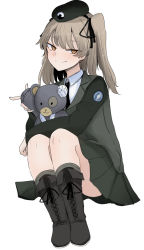Rule 34 | 1girl, bandana, beret, black footwear, black hat, black jacket, black necktie, black ribbon, black skirt, boko (girls und panzer), boots, brown eyes, closed mouth, combat boots, commentary, cross-laced footwear, dress shirt, emblem, girls und panzer, hair ribbon, half-closed eyes, hat, holding, holding stuffed toy, invisible chair, jacket, japanese tankery league (emblem), lace-up boots, light brown hair, long hair, long sleeves, looking at viewer, military, military hat, military uniform, miniskirt, necktie, necro (nekurodayo), one side up, pleated skirt, ribbon, selection university (emblem), selection university military uniform, shimada arisu, shirt, simple background, sitting, skirt, smile, solo, stuffed animal, stuffed toy, teddy bear, uniform, white background, white shirt