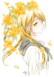 Rule 34 | 1girl, black sailor collar, blonde hair, braid, commentary request, flower, from side, hair over shoulder, hand up, highres, long hair, long sleeves, looking at viewer, looking to the side, low twintails, original, osmanthus, sailor collar, sheepd, shirt, signature, solo, traditional media, twin braids, twintails, upper body, watercolor pencil (medium), white background, white shirt, yellow eyes, yellow flower