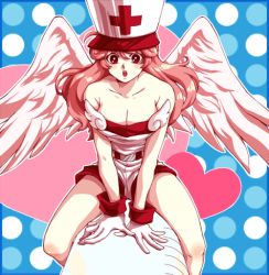 Rule 34 | 1girl, azm, bad id, bad pixiv id, bare shoulders, big wings, blush, breasts, cross, duel monster, fairy, gloves, hat, heart, injection fairy lily, large breasts, large syringe, legs, long hair, neck, nurse, nurse cap, open mouth, oversized object, pink hair, red cross, red eyes, red hair, sexually suggestive, shorts, solo, syringe, teeth, tongue, white cap, white hat, wings, yu-gi-oh!, yu-gi-oh! duel monsters