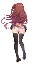 Rule 34 | 1girl, absurdres, akabane youko, arms behind back, ass, black footwear, black thighhighs, boxcutter, brown hair, cameltoe, clothes lift, commentary request, ex idol, facing away, from behind, grey skirt, hair ornament, hair scrunchie, highres, holding, loafers, long hair, long sleeves, miniskirt, nijisanji, one side up, own hands together, panties, pink panties, pleated skirt, scrunchie, shoe soles, shoes, simple background, skindentation, skirt, skirt lift, solo, thighhighs, underwear, very long hair, virtual youtuber, walking, white background