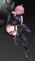 Rule 34 | 1girl, ahoge, arm at side, armor, armored boots, ass, black background, black footwear, black leotard, black skirt, black thighhighs, boots, breasts, closed mouth, elbow gloves, fate (series), from below, gloves, hair over one eye, highres, holding, holding shield, leg lift, leotard, looking to the side, mash kyrielight, panties, pantyshot, pink eyes, pink hair, purple gloves, shield, short hair, skirt, sleeveless, solo, thighhighs, timmy (tztime), underwear, vambraces