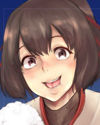 Rule 34 | 10s, 1girl, bad id, bad twitter id, bifidus, brown eyes, brown hair, cheek bulge, commentary request, fourth wall, hair ribbon, ise (kancolle), japanese clothes, kantai collection, open mouth, ponytail, ribbon, smile, solo, upper body