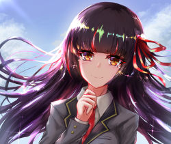 Rule 34 | 1girl, blazer, blue sky, blunt bangs, blush, brown eyes, closed mouth, cloud, cloudy sky, collared shirt, commentary request, copyright request, day, dutch angle, grey jacket, habu rin, hair ribbon, hand up, highres, jacket, long hair, long sleeves, multicolored hair, necktie, outdoors, purple hair, red hair, red necktie, red ribbon, ribbon, school uniform, shirt, sky, smile, solo, streaked hair, tears, upper body, white shirt
