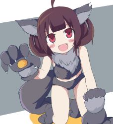 Rule 34 | 1girl, ahoge, all fours, animal costume, animal ears, animal hands, blunt bangs, blush stickers, brown hair, claw pose, commentary, fangs, gloves, halloween, halloween costume, highres, looking at viewer, open mouth, paw gloves, red eyes, short hair, smile, solo, tail, touhoku kiritan, voiceroid, wolf costume, wolf ears, wolf paws, wolf tail, zerueru11