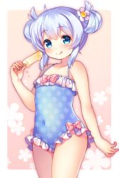 Rule 34 | 1girl, :q, alternate hairstyle, baikamo (flower knight girl), blue eyes, blue one-piece swimsuit, bow, cowboy shot, double bun, flower knight girl, food, holding, holding food, one-piece swimsuit, pink background, pink bow, polka dot, polka dot swimsuit, popsicle, short hair, shouni (sato3), silver hair, solo, swimsuit, tongue, tongue out