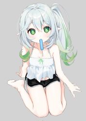 Rule 34 | 1girl, arm support, bare legs, bare shoulders, barefoot, braid, camisole, corrupted twitter file, cross-shaped pupils, dolphin shorts, flat chest, food, food in mouth, frilled camisole, frills, genshin impact, gradient hair, green eyes, green hair, grey background, hair between eyes, highres, long hair, looking at viewer, multicolored hair, nahida (genshin impact), pointy ears, popsicle, popsicle in mouth, seiza, shorts, side braid, side ponytail, sidelocks, sitting, syhan, symbol-shaped pupils, white hair