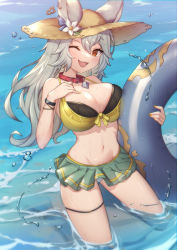 Rule 34 | 1girl, ;d, animal ears, bare legs, bare shoulders, barefoot, bikini, blue bow, bow, breasts, brown eyes, brown hat, cleavage, collar, collarbone, commentary, day, ears through headwear, flower, granblue fantasy, grey hair, hair between eyes, hat, hat flower, highres, innertube, kneeling, large breasts, long hair, looking at viewer, navel, one eye closed, open mouth, outdoors, red collar, sen (granblue fantasy), smile, solo, straw hat, swim ring, swimsuit, symbol-only commentary, uneg, water, white flower