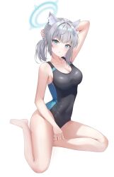 Rule 34 | 1girl, absurdres, animal ears, bare arms, bare legs, bare shoulders, barefoot, black one-piece swimsuit, blue archive, blue eyes, blue halo, breasts, cleavage, collarbone, competition swimsuit, cross hair ornament, extra ears, grey hair, hair ornament, halo, highres, looking at viewer, low ponytail, medium breasts, medium hair, mismatched pupils, official alternate costume, one-piece swimsuit, parted lips, shiroko (blue archive), shiroko (swimsuit) (blue archive), simple background, solo, swimsuit, toes, wan du29, white background, wolf ears