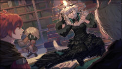 Rule 34 | 1girl, 2boys, animal ears, warrior of light (ff14), black dress, book, book on head, bookshelf, breasts, cat boy, cat ears, cat girl, cat tail, dress, facial mark, feather hair ornament, feathers, final fantasy, final fantasy xiv, frilled dress, frills, g&#039;raha tia, gloves, grey eyes, hair ornament, highres, holding, jewelry, male focus, miqo&#039;te, multiple boys, object on head, pile of books, red eyes, red hair, short hair, star (symbol), tail, viera, whisker markings, white hair, y&#039;shtola rhul, yahaha