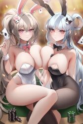 Rule 34 | 2girls, animal ears, asymmetrical docking, between breasts, breast press, breasts, card, erbium, fake animal ears, hair ornament, hairclip, highres, holding, holding card, large breasts, leotard, looking at viewer, loop on hair, mole, mole on breast, multiple girls, original, pantyhose, pink hair, playboy bunny, poker chip, ponytail, rabbit ears, sitting, smile