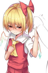 Rule 34 | 1girl, ascot, blonde hair, blush, borushichi, bow, breasts, clenched hand, closed mouth, commentary request, cowboy shot, crystal, fang, fang out, flandre scarlet, grabbing, hair between eyes, hair bow, half-closed eyes, hand on own chest, hand up, handjob, highres, looking at viewer, no headwear, nose blush, one side up, penis, penis grab, pointy ears, red bow, red eyes, red skirt, red vest, shirt, short hair, short sleeves, simple background, skirt, skirt set, small breasts, solo focus, sweat, touhou, vest, wavy mouth, white background, white shirt, wings, yellow ascot